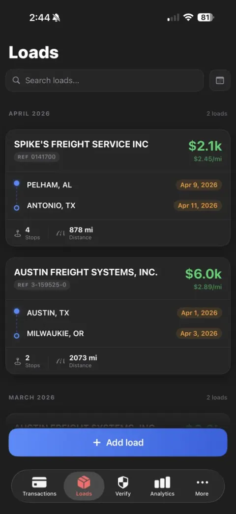 Truck driver expense tracker showing loads with income, expenses, and profit per mile